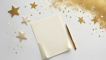 Blank note with envelope, pen and gold glitter stars on white background. Ai generated photo