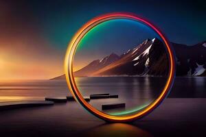 a colorful ring is sitting on the water with mountains in the background. AI-Generated photo