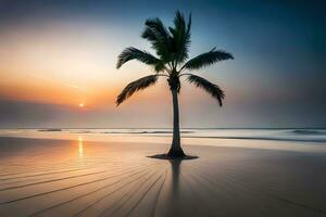 a palm tree stands alone on a beach at sunset. AI-Generated photo