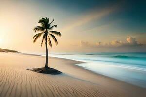 a lone palm tree stands on the beach at sunset. AI-Generated photo