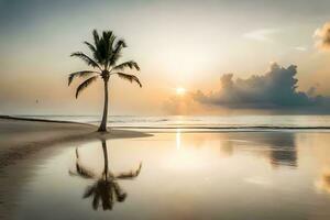 a palm tree stands on the beach at sunset. AI-Generated photo