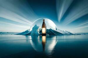 a bottle of beer sitting on top of an iceberg. AI-Generated photo