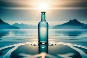 a bottle of water sits on the water with mountains in the background. AI-Generated photo