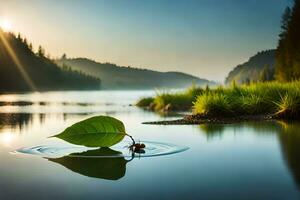 a leaf floating on the water in front of a mountain. AI-Generated photo