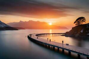 a pier with a bridge over water and mountains. AI-Generated photo