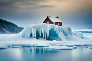 a red house sits on top of an iceberg. AI-Generated photo