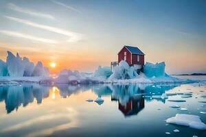 un rojo casa se sienta en parte superior de un iceberg. generado por ai foto