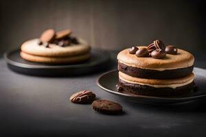two cakes with chocolate and pecans on a dark table. AI-Generated photo
