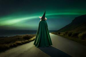 un mujer en un verde capa y sombrero soportes en un la carretera con el Aurora luces en el. generado por ai foto