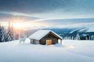 un cabina en el nieve con un ciervo en el primer plano. generado por ai foto