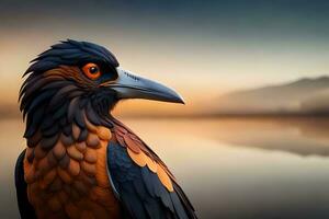 a bird with orange and black feathers standing on the shore. AI-Generated photo