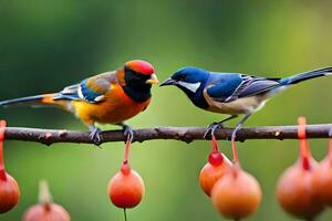 two colorful birds sitting on a branch with fruit. AI-Generated photo