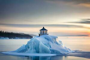 a lighthouse sits on an iceberg in the middle of the ocean. AI-Generated photo