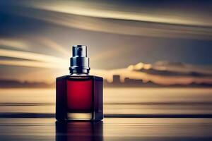 a bottle of perfume sitting on a table in front of a city skyline. AI-Generated photo