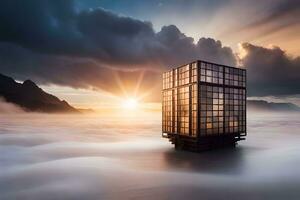 un edificio en el medio de un lago con nubes generado por ai foto