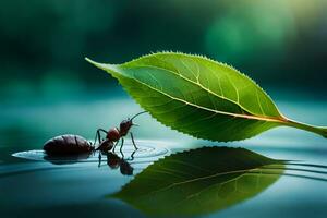 a small ant is standing on top of a leaf. AI-Generated photo