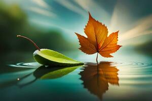 two leaves are floating in water with a sun in the background. AI-Generated photo