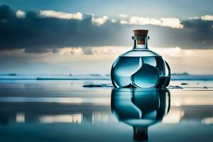 a bottle of tequila is sitting on the beach. AI-Generated photo