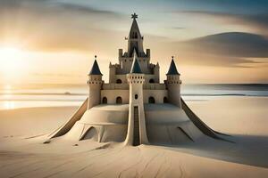 a sand castle on the beach at sunset. AI-Generated photo