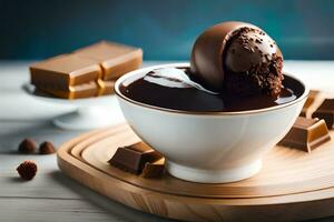 chocolate pudding with chocolate sauce in a bowl. AI-Generated photo