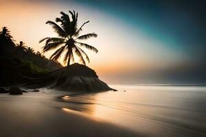 a lone palm tree stands on the beach at sunset. AI-Generated photo