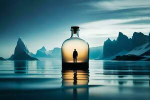 a man is standing in a bottle in the middle of the water. AI-Generated photo