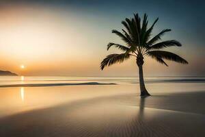 a lone palm tree stands on the beach at sunset. AI-Generated photo