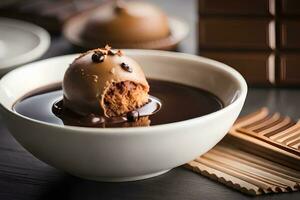 chocolate postre con un chocolate pelota en un bol. generado por ai foto