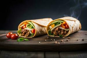 burrito with meat and vegetables on a wooden board. AI-Generated photo