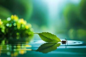 un hoja flotante en el agua con un verde antecedentes. generado por ai foto