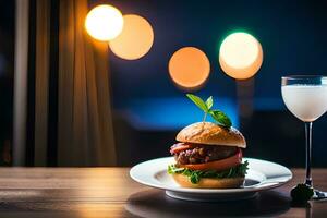 a burger and a glass of wine on a table. AI-Generated photo