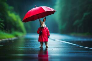 a rabbit in a red coat holding an umbrella. AI-Generated photo