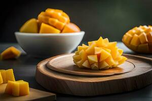 mango slices on a cutting board. AI-Generated photo