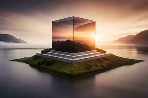 a cube with a mountain in the middle of it. AI-Generated photo