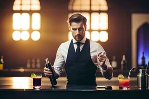 un hombre en un traje participación un botella de alcohol. generado por ai foto