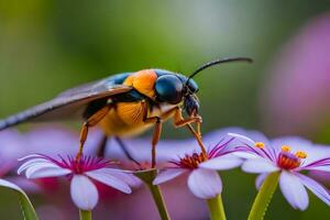 a bee with a black and orange body sitting on some purple flowers. AI-Generated photo