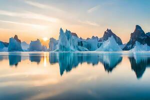 el Dom sube terminado icebergs en el ártico océano. generado por ai foto