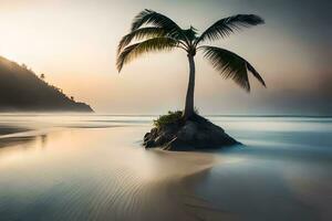 a lone palm tree stands on a small island in the ocean. AI-Generated photo