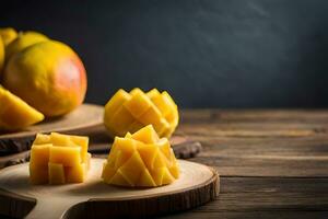 mango slices on a wooden cutting board. AI-Generated photo