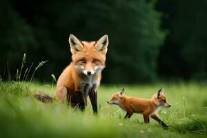 a mother fox and her cubs are in the grass. AI-Generated photo