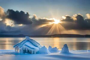 ice covered house on the shore of a lake. AI-Generated photo