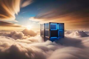 clouds and sky over a cube in the sky. AI-Generated photo