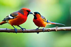 two red and black birds sitting on a branch. AI-Generated photo