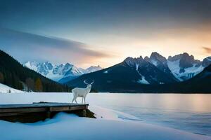 a deer stands on a dock in front of a lake. AI-Generated photo