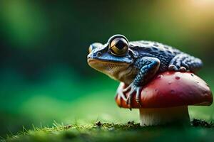 a frog sitting on top of a mushroom. AI-Generated photo