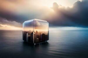 un cubo con un ciudad en eso en el océano. generado por ai foto