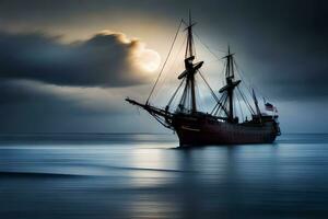 un navegación Embarcacion en el Oceano debajo un lleno Luna. generado por ai foto