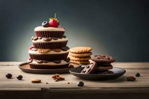 a stack of cookies and cupcakes on a wooden table. AI-Generated photo