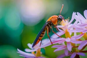 un avispa es sentado en un flor. generado por ai foto