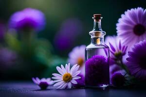 un botella de esencial petróleo con púrpura flores en un oscuro antecedentes. generado por ai foto